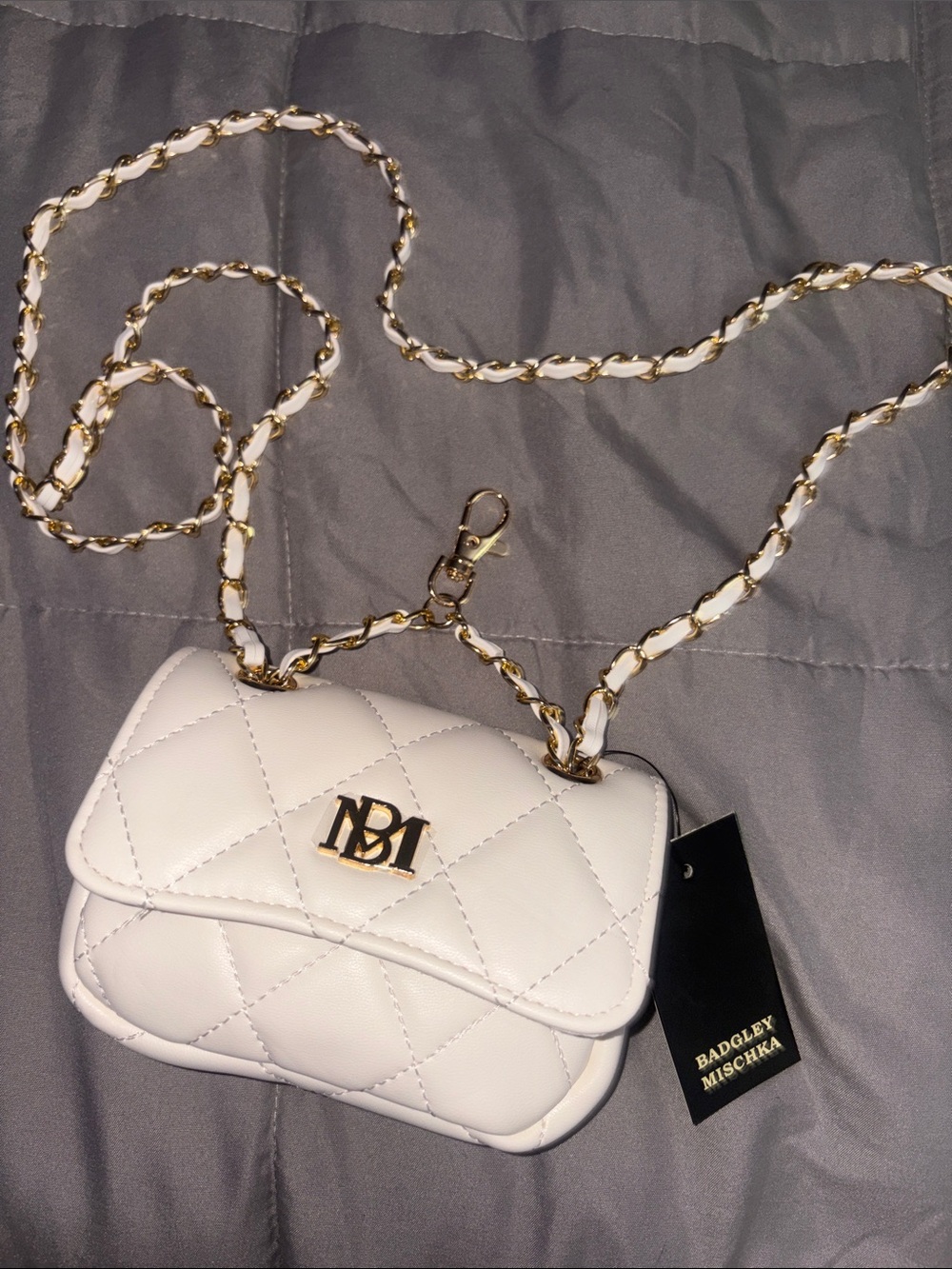Badgley Mischka White Quilted Crossbody with Gold Chain
